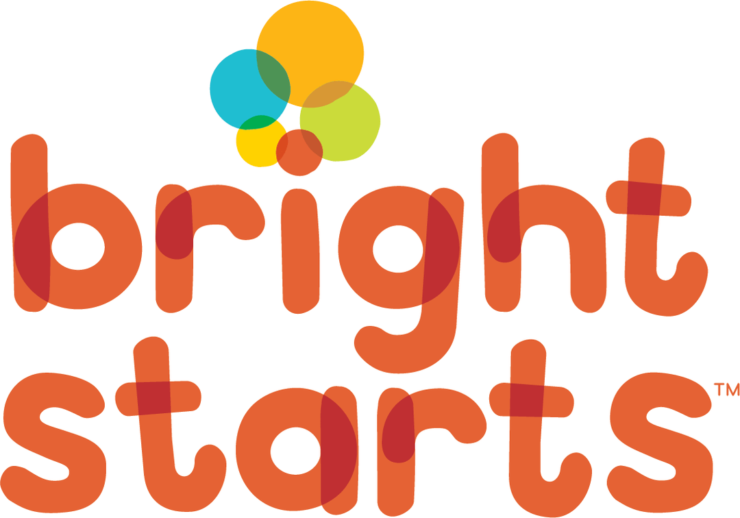 Bright Starts Natural Wooden Toys for Little Ones logo featuring colorful bubbles.