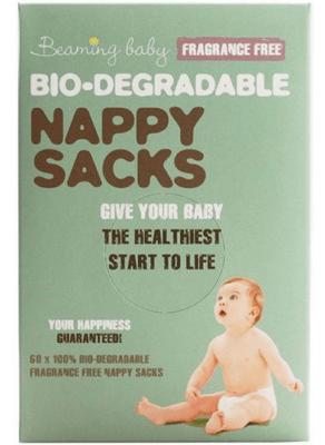 Biodegradable Nappy Sacks and Baby Essentials packaging design with vibrant colors and features highlighted.