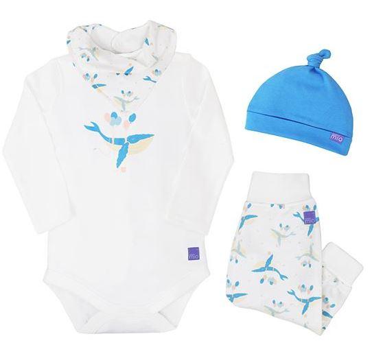 Baby Clothing and Essentials for Newborns and Toddlers including a onesie, scarf, and hat set.