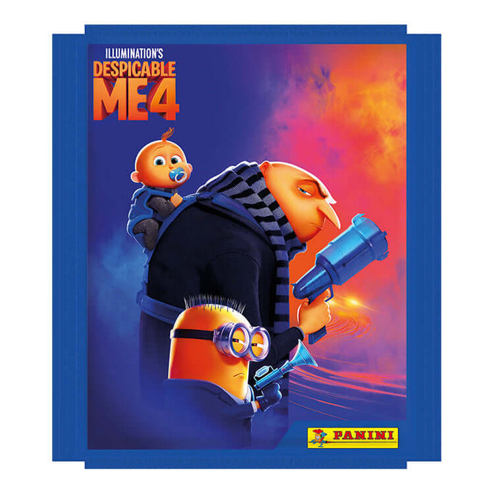 Despicable Me 4 Sticker Collection album cover featuring characters Gru, a baby, and a minion with a blaster, by Panini