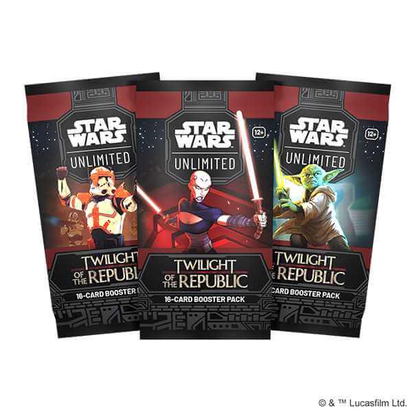 Star Wars: Unlimited Twilight of the Republic booster packs featuring iconic characters, 16-card collectible trading card game.