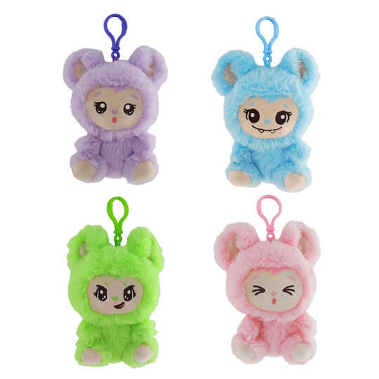 Colorful LaBabies 4" collectible plush keychains in purple, blue, green, and pink with cute anime-inspired faces.