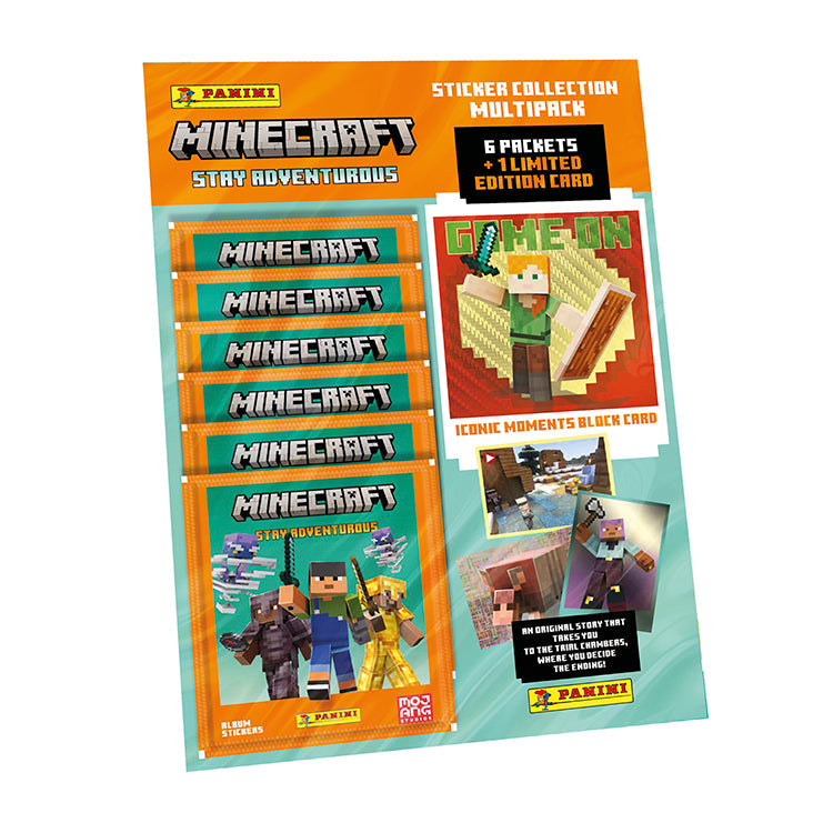 Minecraft Stay Adventurous sticker collection multipack featuring six packets and a limited edition card