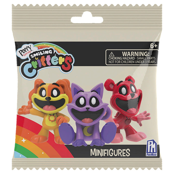 Poppy Playtime Series 4 Smiling Critters Mystery Minifigures packaging featuring three colorful characters.