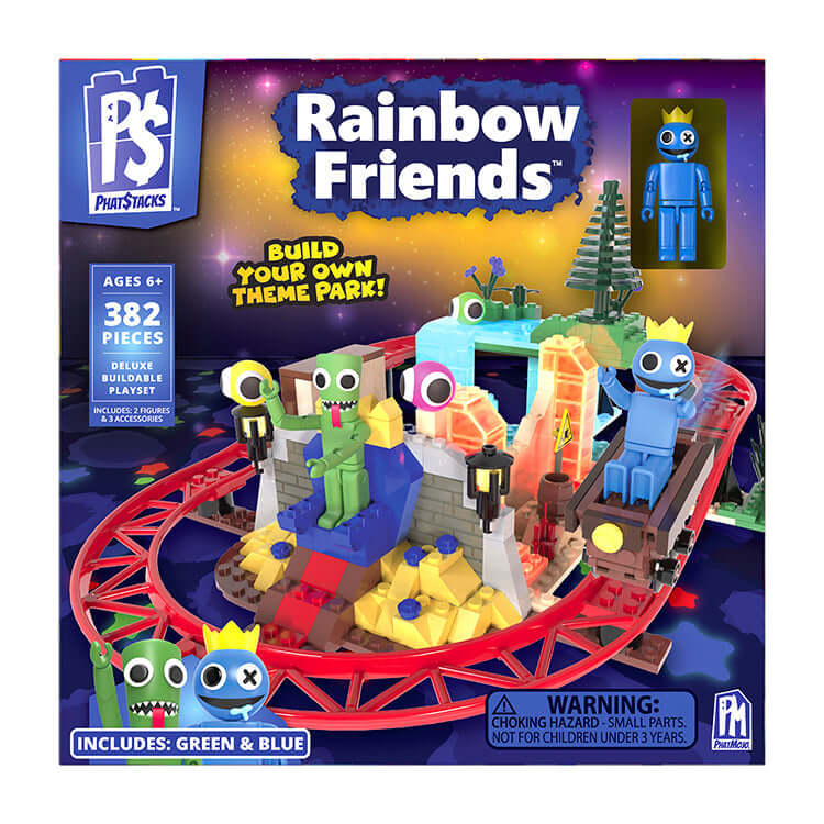 Rainbow Friends Series 3 Deluxe Buildable Set with Blue and Green figures, featuring a colorful roller coaster and themed blocks.