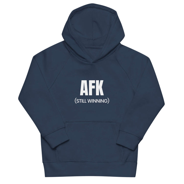 AFK Kids eco hoodie in navy with front pouch pocket and hood, made from organic cotton and recycled polyester.