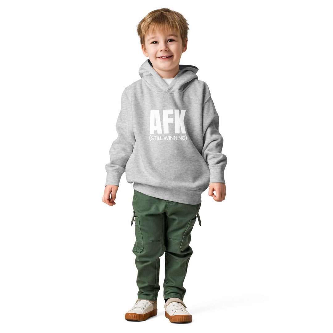 AFK Toddler fleece pullover hoodie worn by a young boy in gray featuring a playful design, perfect for comfort and style.