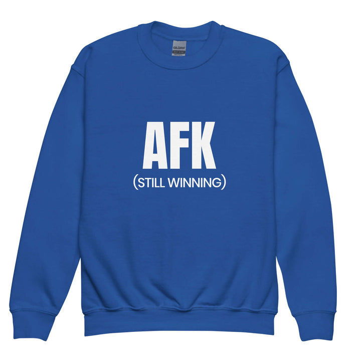 AFK Youth crewneck sweatshirt in blue with bold text AFK (STILL WINNING) on the front.