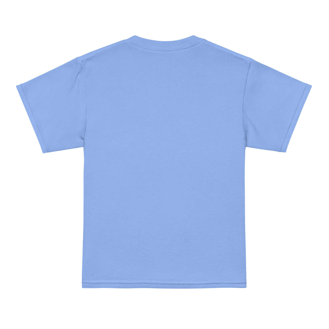 Back view of AFK Youth t-shirt in blue, showcasing its modern fit and comfortable design.