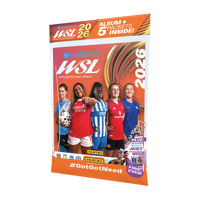Barclays Women's Super League Sticker Collection 2026 album cover featuring players and sticker packets.