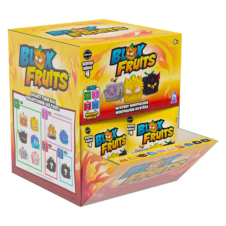 Blox Fruits Series 4 minifigures display box showcasing collectible mystery minifigures with vibrant designs.