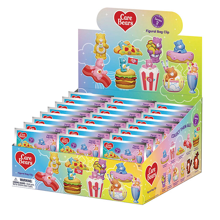 Care Bear Series 2 3D Collectable Keychains display featuring colorful bag clips and various Care Bear characters.