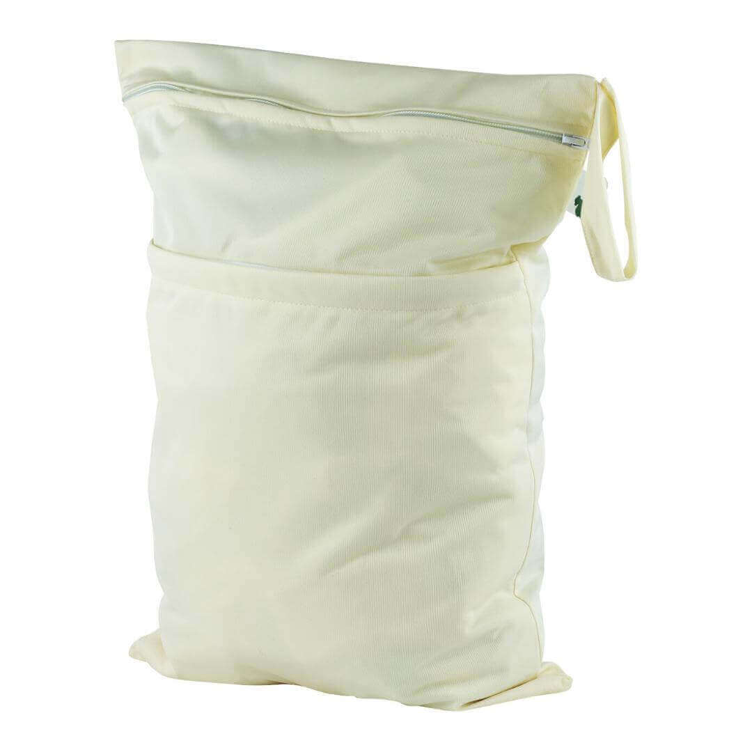 Double Wet Bag in cream color, perfect for storing clean and used washable wipes, featuring a double zip and convenient handle.