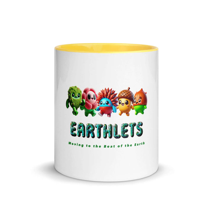 Colorful Earthlets mug featuring cute characters and vibrant yellow interior, perfect for customized designs.
