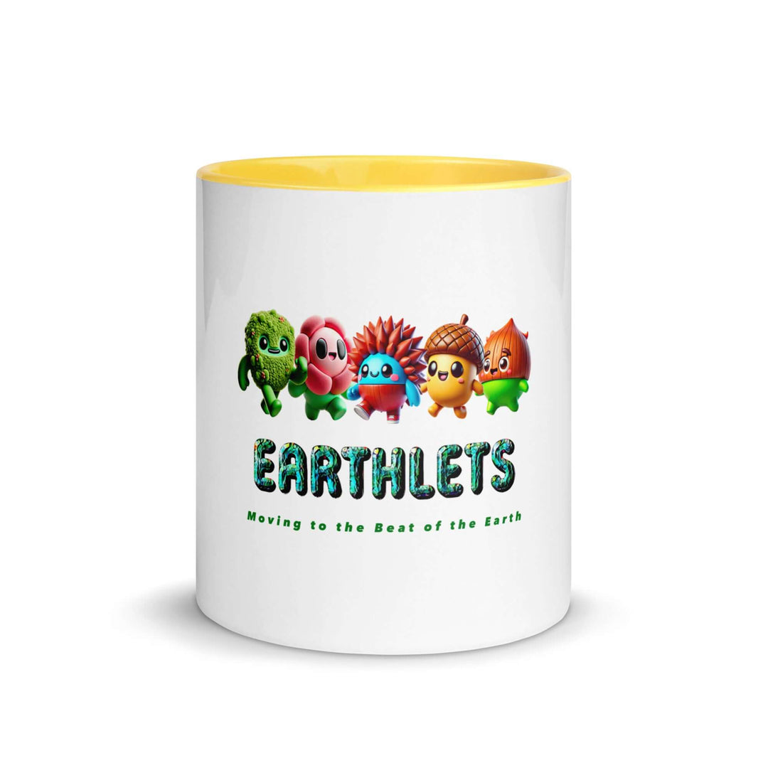 Earthlets mug featuring colorful characters with a yellow interior, promoting eco-awareness and creativity.