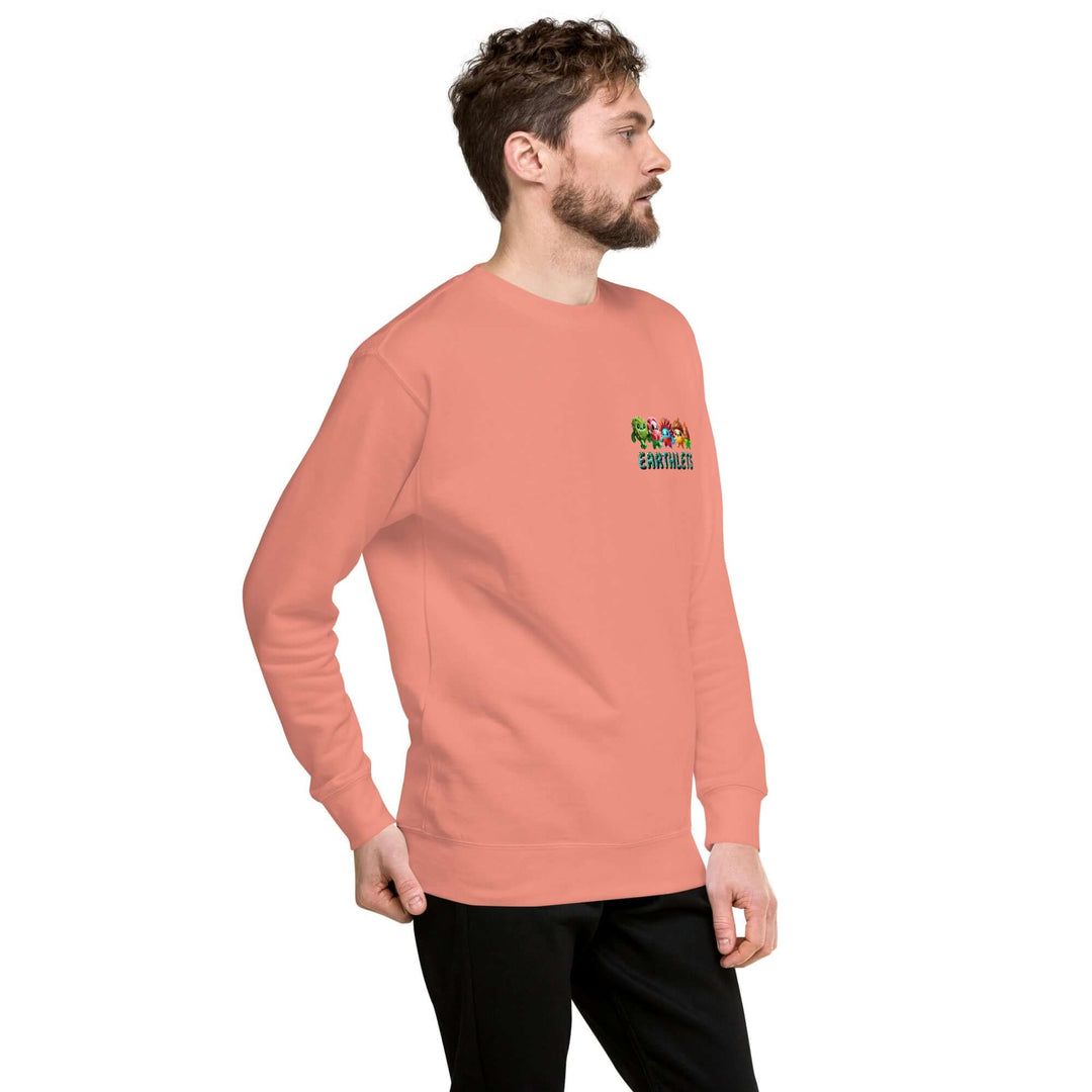 Earthlets Unisex Premium Sweatshirt in coral, featuring a stylish design and comfortable fit for everyday wear.