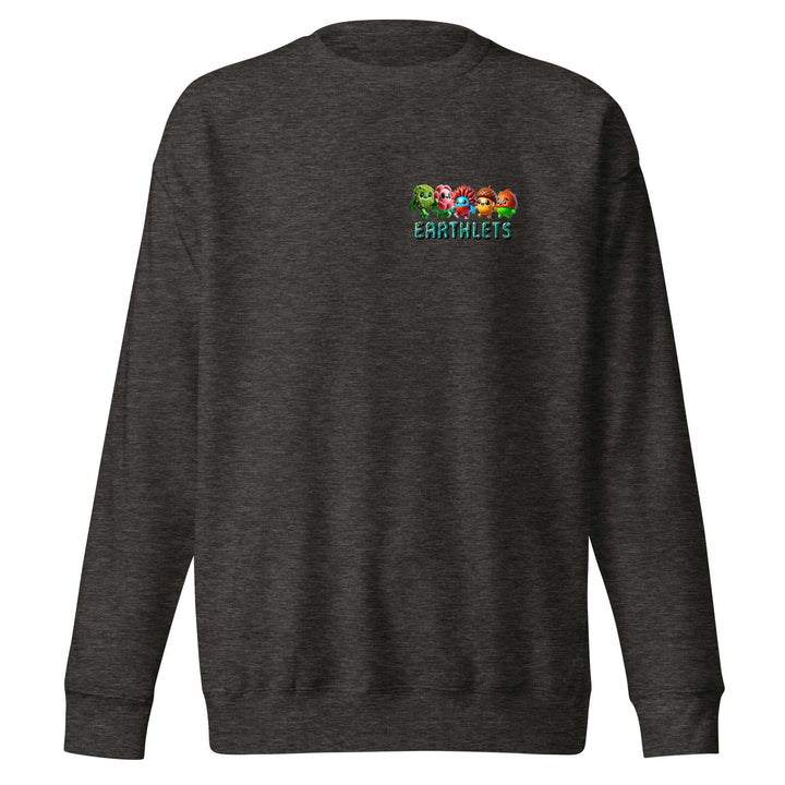 Earthlets premium unisex sweatshirt in dark color featuring colorful designs on the front.