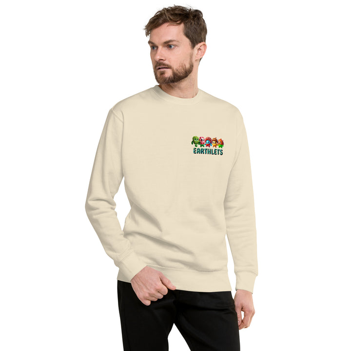 Man wearing an Earthlets unisex premium sweatshirt with a colorful Earthlets design.