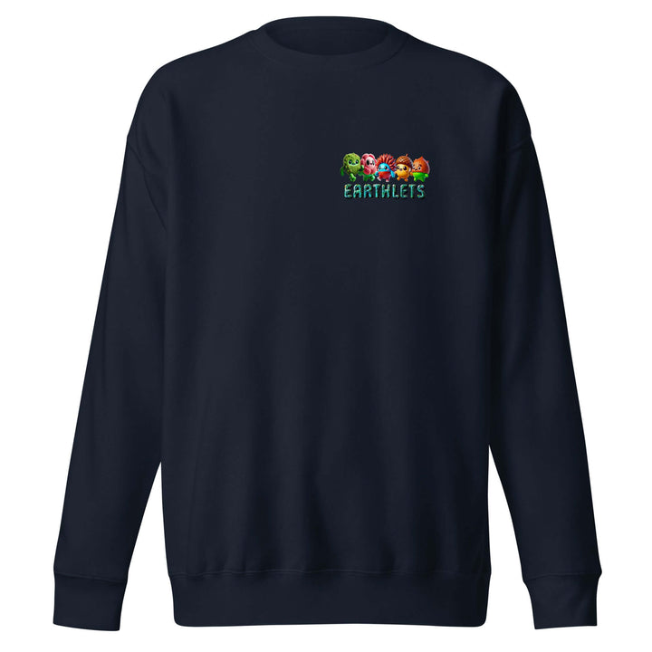 Earthlets premium unisex sweatshirt in navy blue with colorful logo on the front.