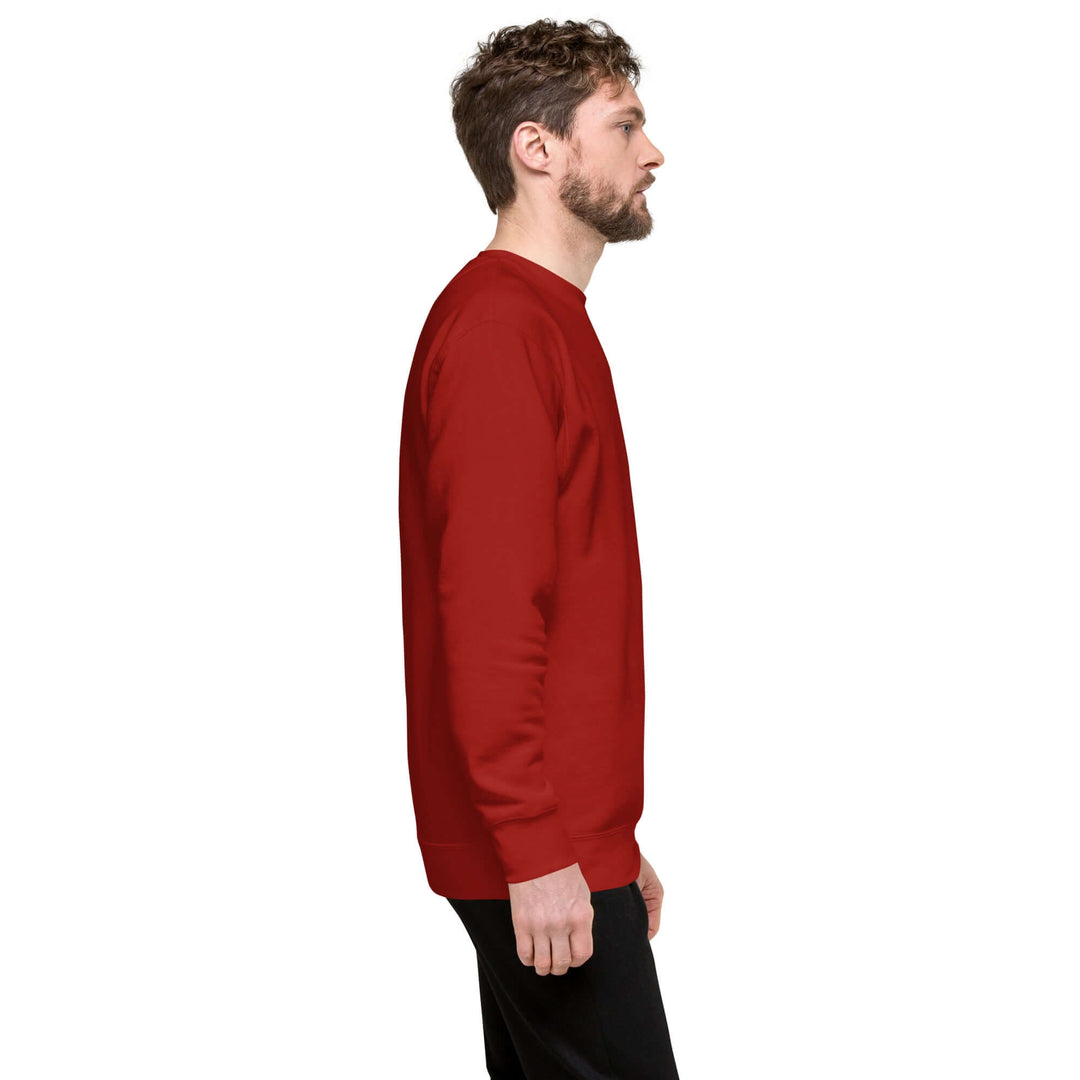 Earthlets Unisex Premium Sweatshirt displayed on a model from the side, showcasing ribbed crew neck and long sleeves.