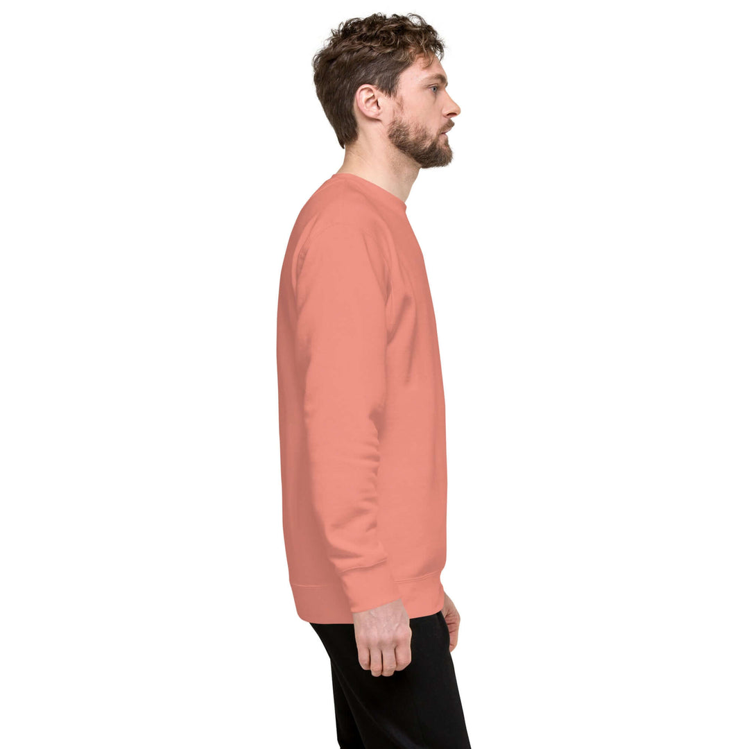 Earthlets Unisex Premium Sweatshirt showcased on a model in profile view, featuring a comfortable fit and classic silhouette.