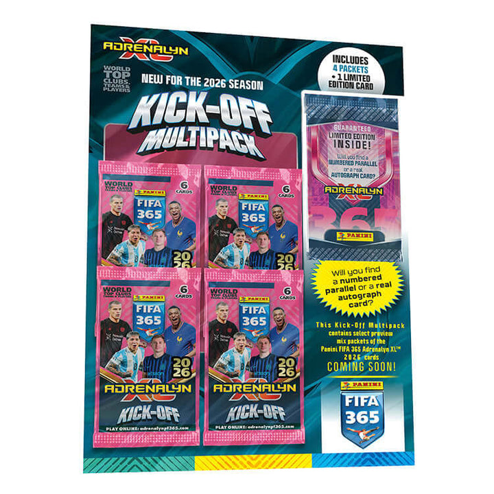 FIFA 365 2026 Adrenalyn XL Kick-Off Multipack featuring 4 packets and 1 exclusive limited edition card.