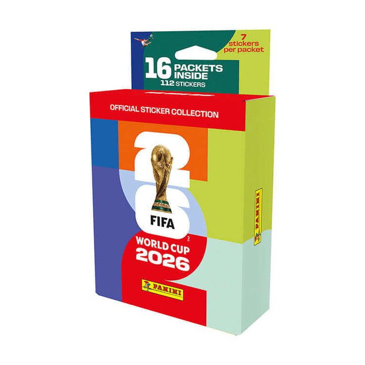 FIFA World Cup 2026 Official Sticker Collection box featuring packets and stickers inside.