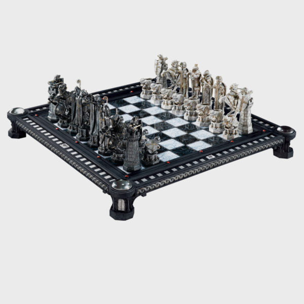 Harry Potter Final Challenge Chess Set on a detailed playing board with intricately designed pieces and classic colors.