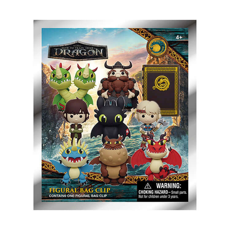 How to Train Your Dragon 3D keychain figures, including Toothless and Hiccup, in a colorful collector's bag clip.