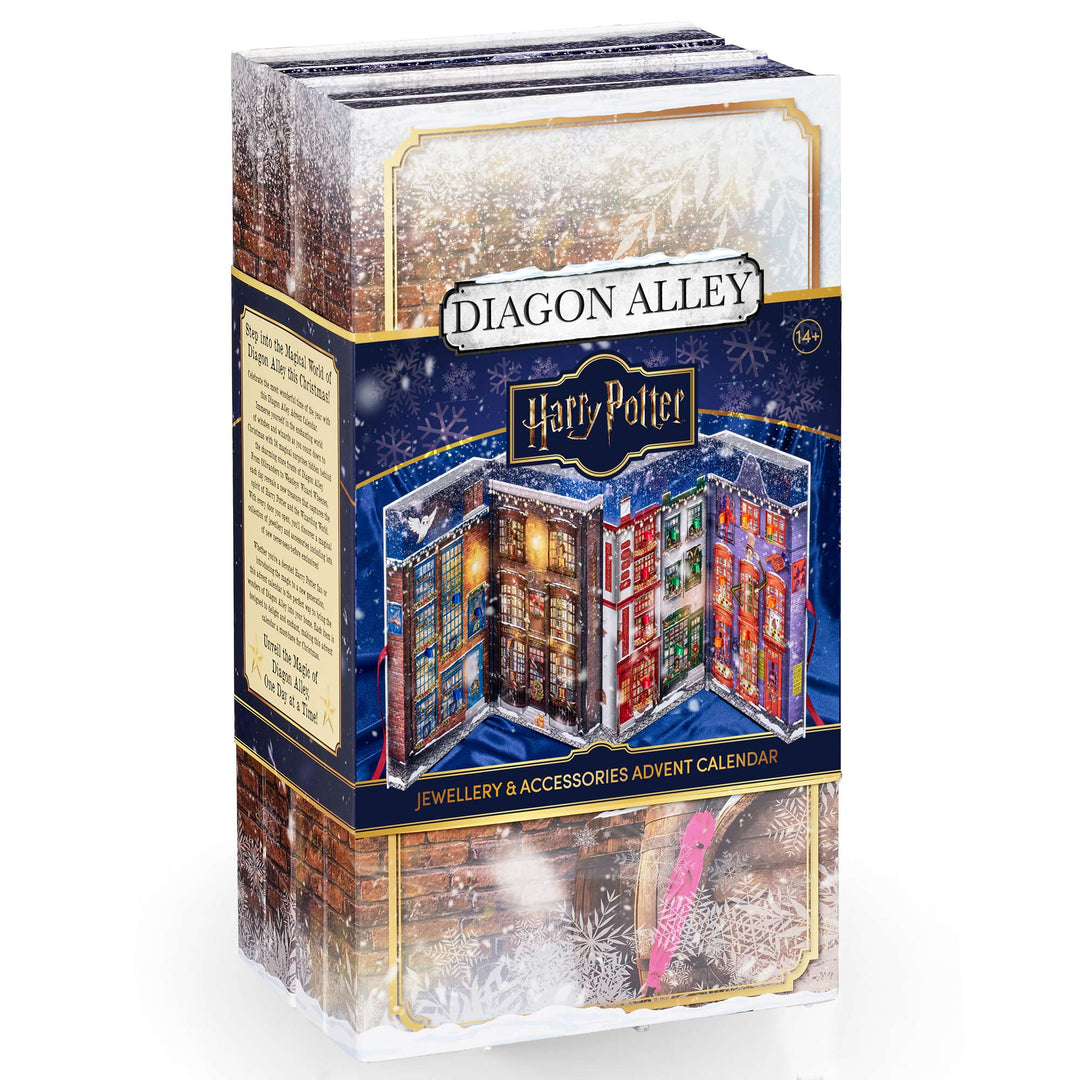 Harry Potter Diagon Alley advent calendar showcasing shop fronts with magical accessories and festive design.
