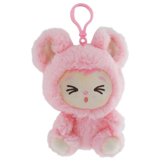 LaBabies 4" pink plush keychain with bunny ears, featuring a cute expression and clip for backpacks.
