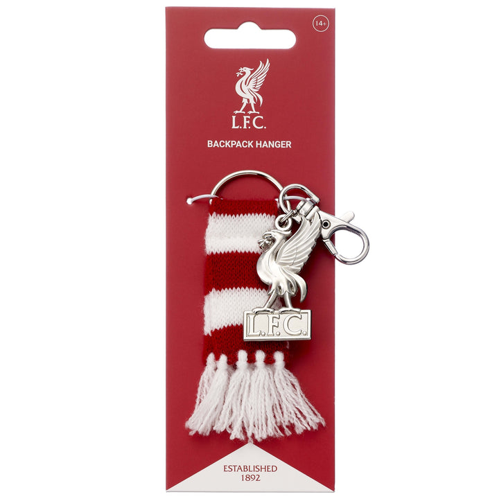 Liverpool football club backpack hanger featuring red and white scarf and Liver bird charm.
