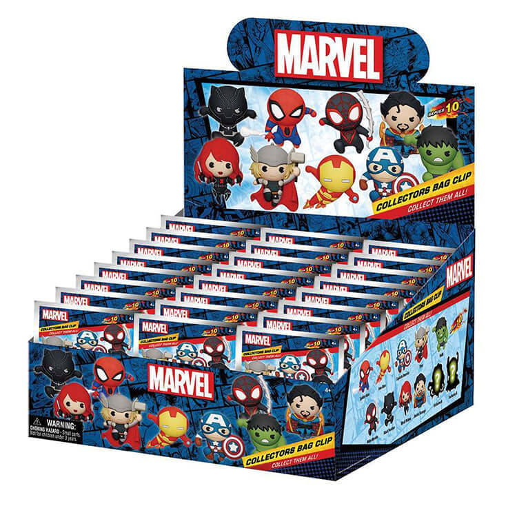 Marvels Classic 3D Collectable Keychains display featuring various Marvel characters in a collectors bag clip format.