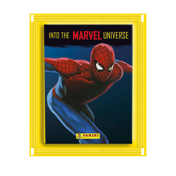 Spiderman sticker from the Into the Marvel Universe collection by Panini, showcasing iconic comic art.