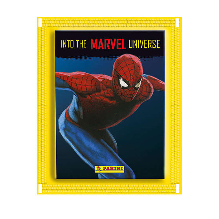 Spiderman sticker from the Into the Marvel Universe collection by Panini, showcasing iconic comic art.