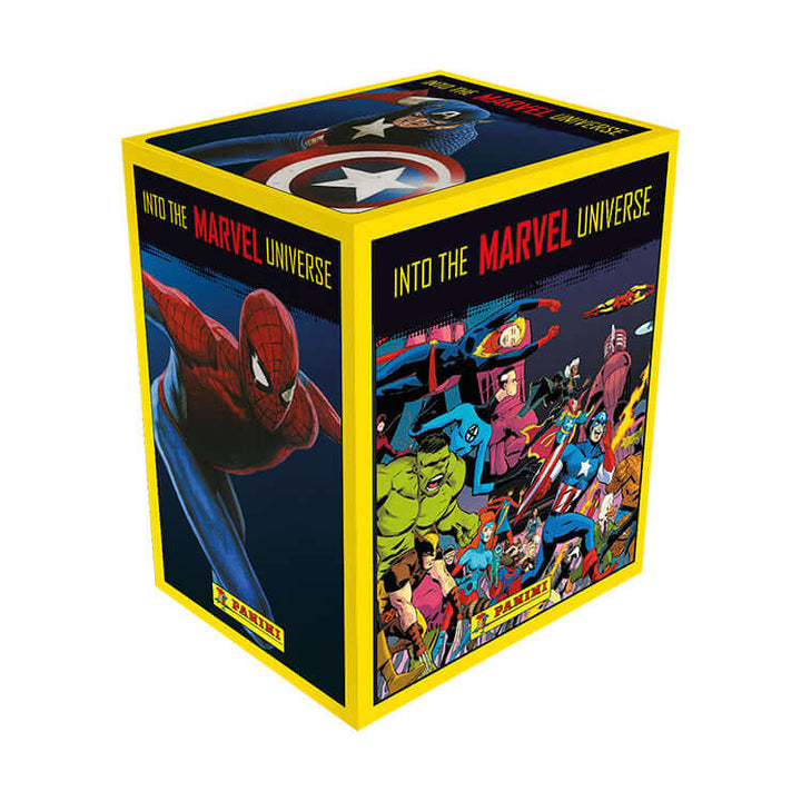 Marvel Universe Comics sticker collection box featuring iconic heroes like Spiderman and Captain America.