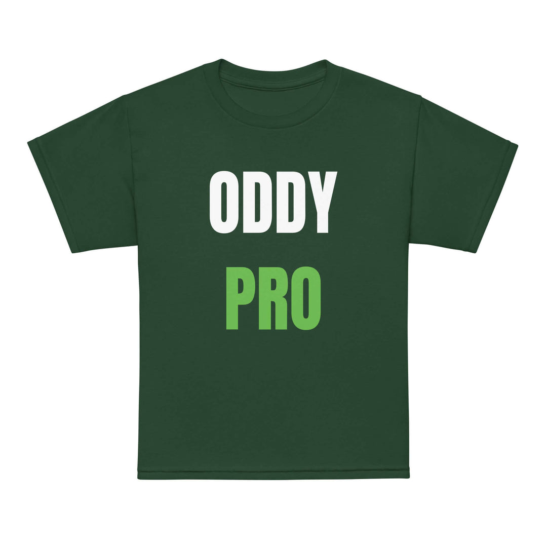 Oddy Pro youth moisture-wicking t-shirt in dark green with bold white and green lettering.