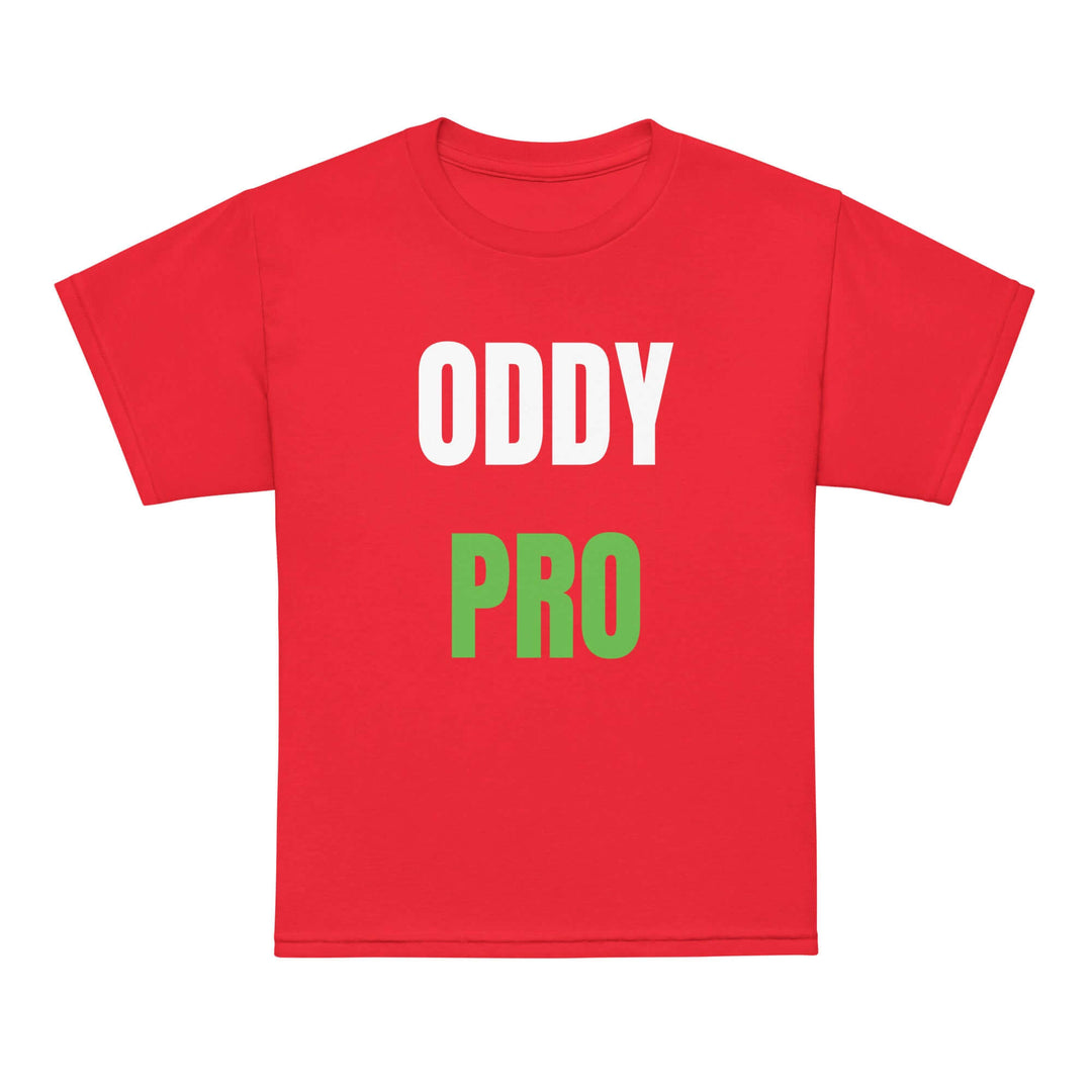 Oddy Pro youth moisture-wicking t-shirt in red with bold white and green lettering, designed for active kids.