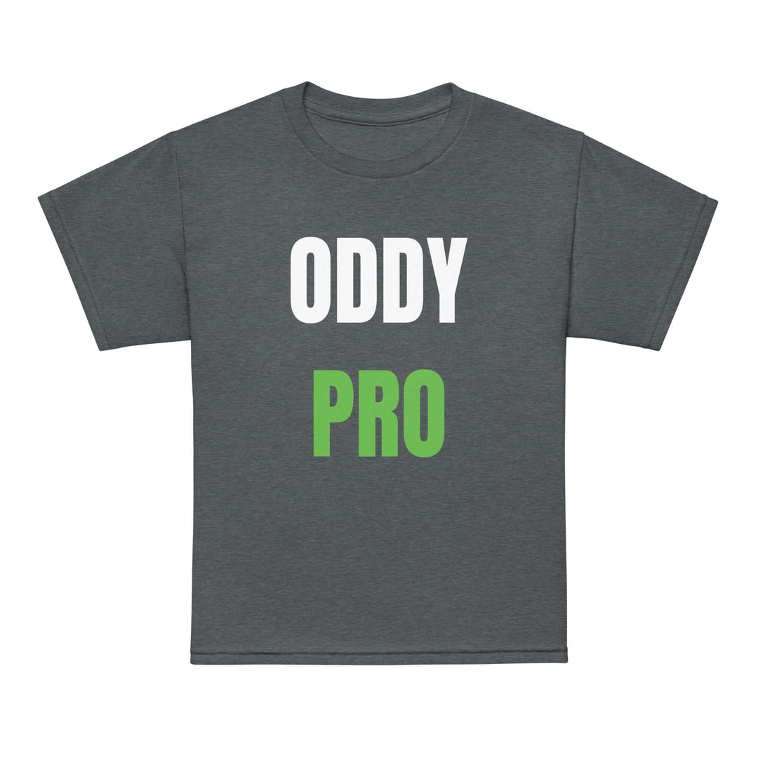 Oddy Pro youth moisture-wicking t-shirt in dark gray with bold white and green lettering.