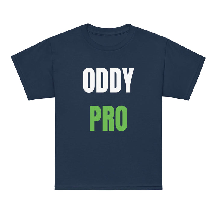 Oddy Pro youth moisture-wicking t-shirt in navy blue with white and green lettering.