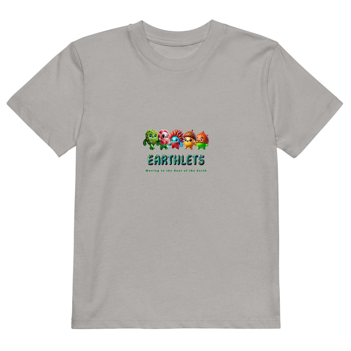 Earthlets organic cotton kids t-shirt in gray featuring colorful cartoon-like characters, promoting eco-friendly fashion.