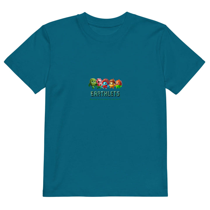 Earthlets Organic Cotton Kids T-Shirt in teal with playful design and logo, perfect for comfort and eco-friendly wear.