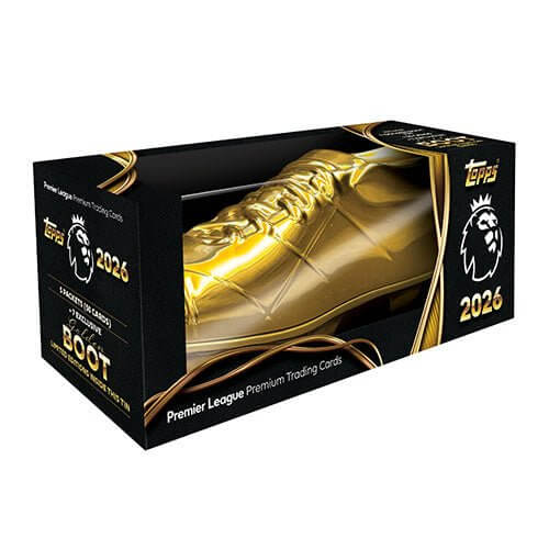 Premier League 2026 Golden Boot Tin packaging with premium trading cards and iconic golden boot design.