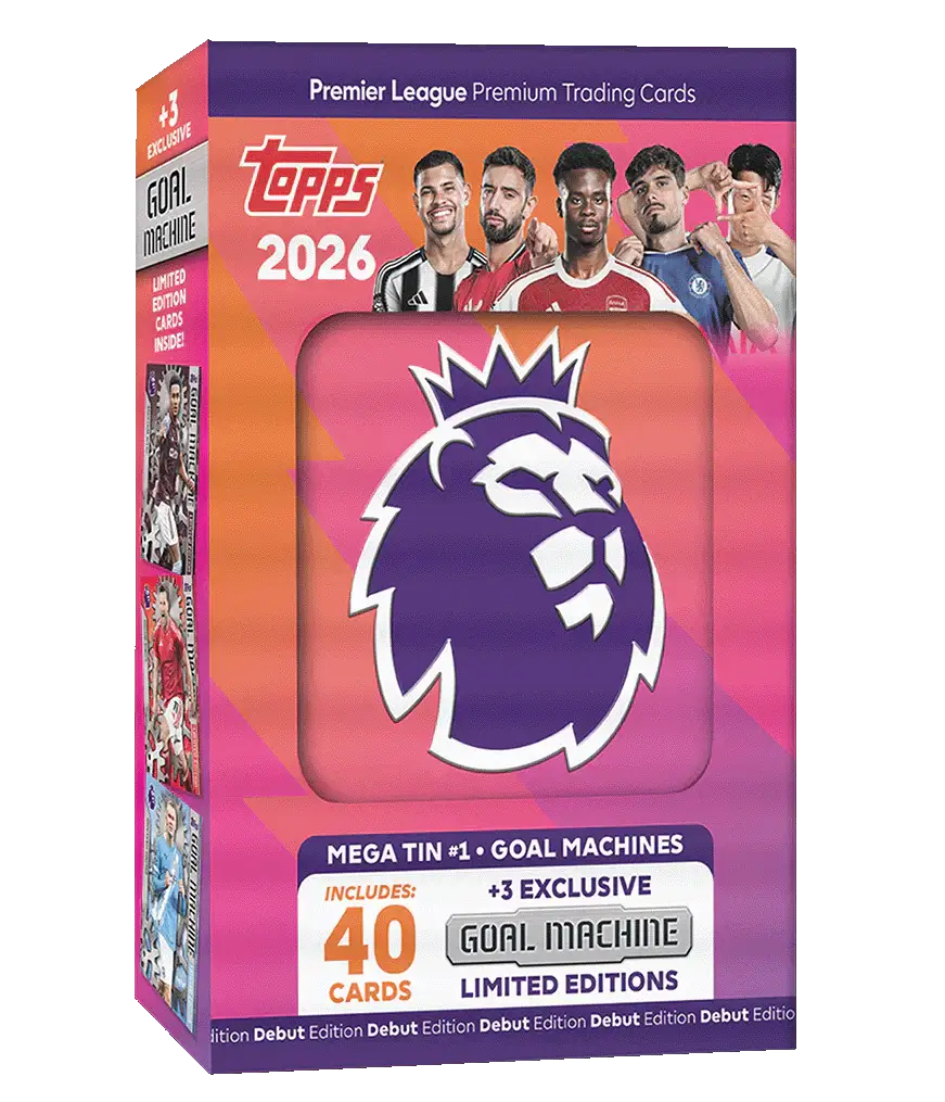 Topps Premier League 2026 Mega Tin includes 40 Goal Machines cards and 3 exclusive limited edition cards.