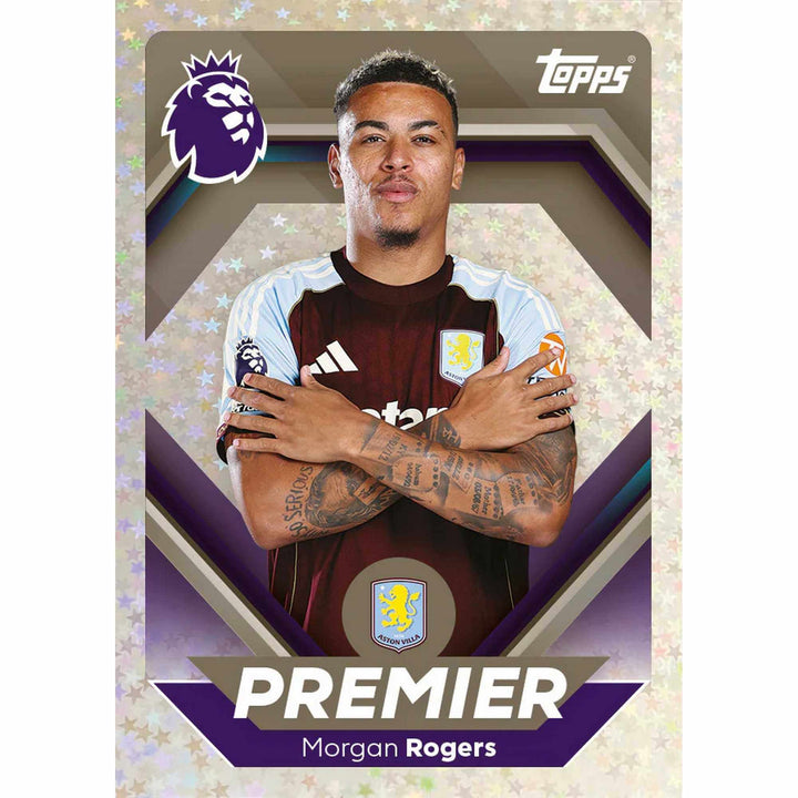 Premier League 2026 Stickers Eco Pack featuring Morgan Rogers from Aston Villa in the Topps collection.