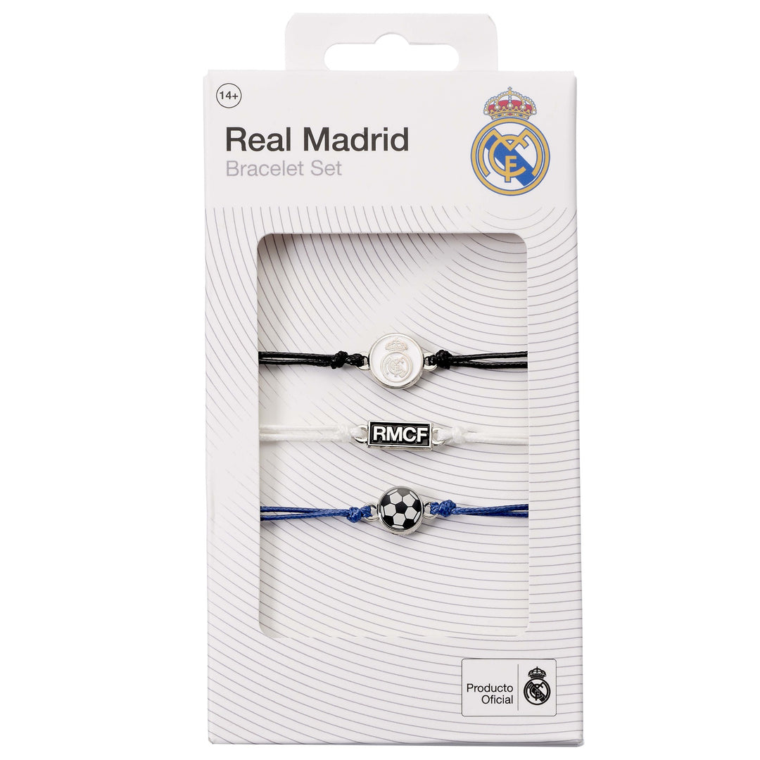 Real Madrid friendship bracelet set in branded window box featuring club crest, logo, and football designs.