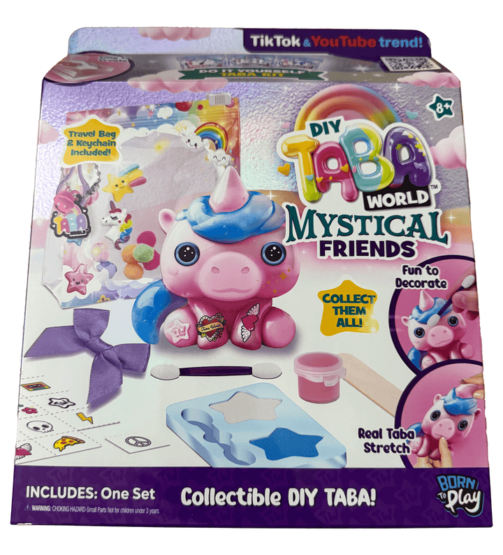 Taba World Make & Display Mystical Friends craft set with unicorn character and travel pouch displayed on packaging.