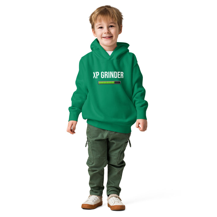 XP Grinder Toddler fleece pullover hoodie on smiling kid in green, perfect for keeping warm during playtime.
