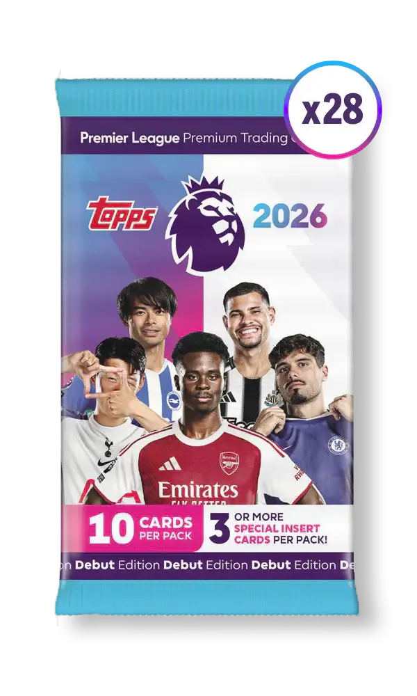 Topps Premier League 2026 trading card pack, sealed, 10 cards per pack, including 3 special insert cards, full box of 28 packs.