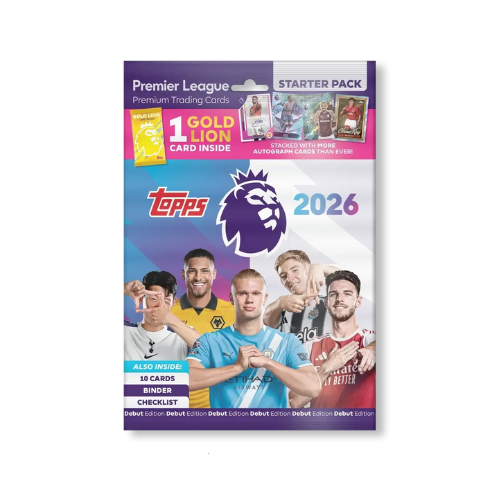 Topps Premier League 2026 Trading Cards Starter Pack with 10 cards and Gold Lion card included.